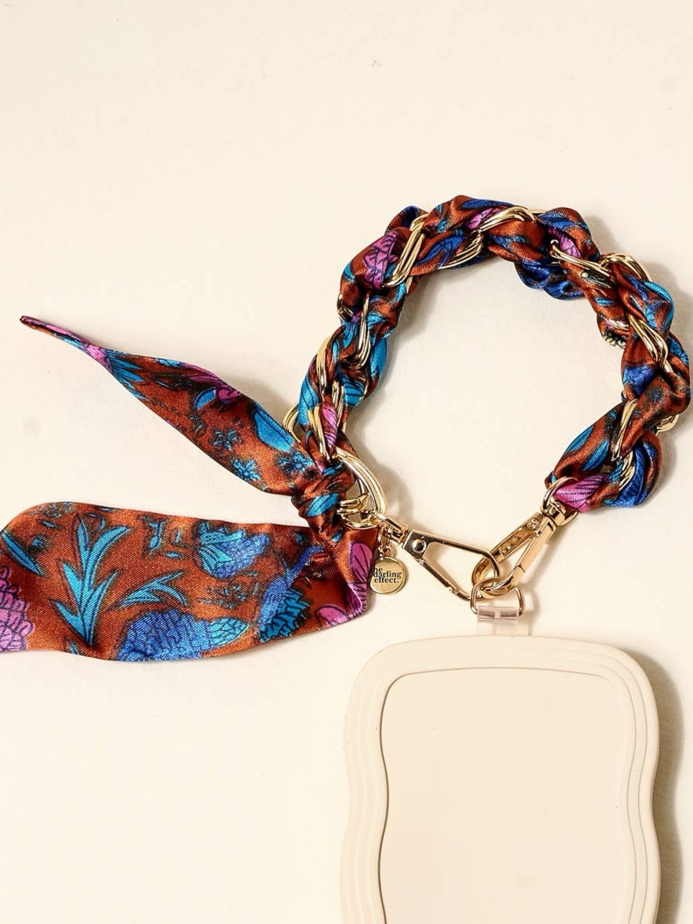 Braided Silk-Print Wristlet Phone Charm with Gold Hardware - Blue/Brown